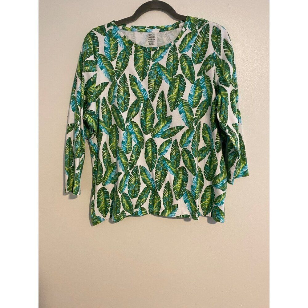 Kim Rogers Womens Leaf Print Top 3/4 Sleeve PXXL Green White Contemporary Shirt